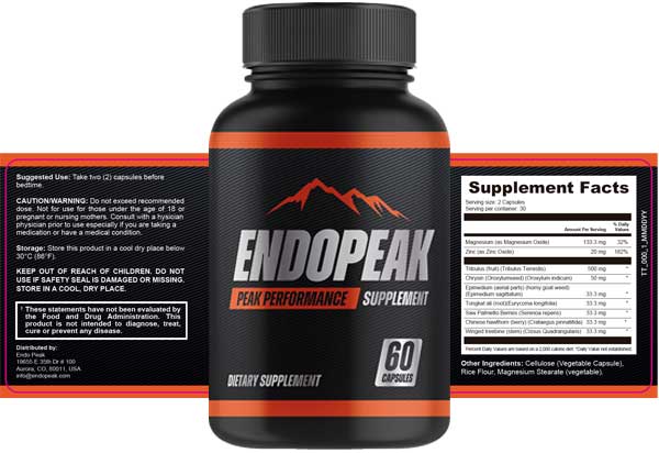 EndoPeak supplement bottle and label